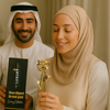 Men holding try luxury gift box and woman holding gold forever rose