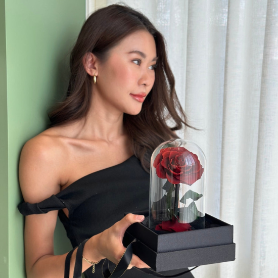Forever Rose Red Girl holding in black dress